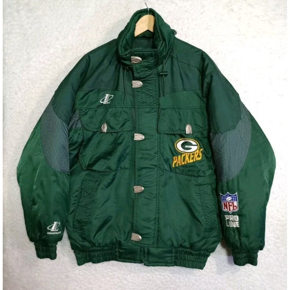 VTG Proline Logo Athletic Green Bay Packers Jacket Mens M "TEAR RIP BY SHOULDER"